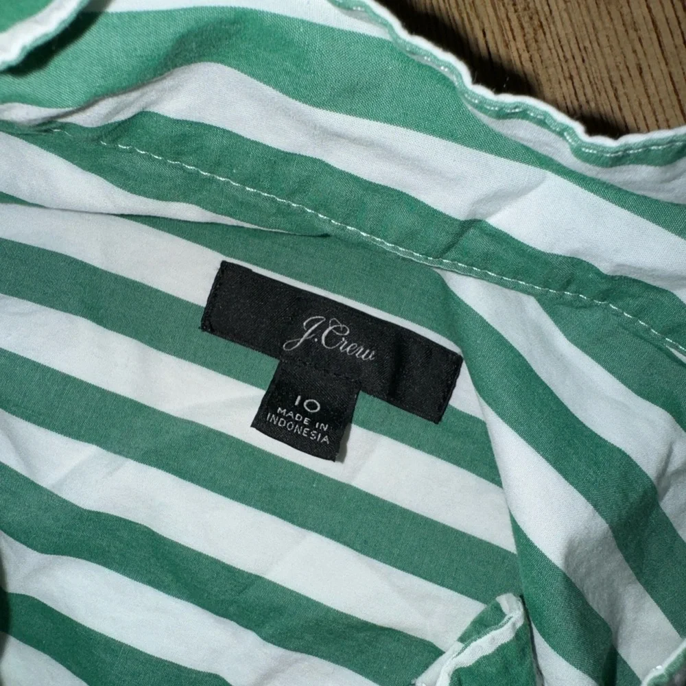 J Crew Women's Cotton Green White Stripe Long Sleeve Blouse mock neck collar, 10 - Picture 3 of 4